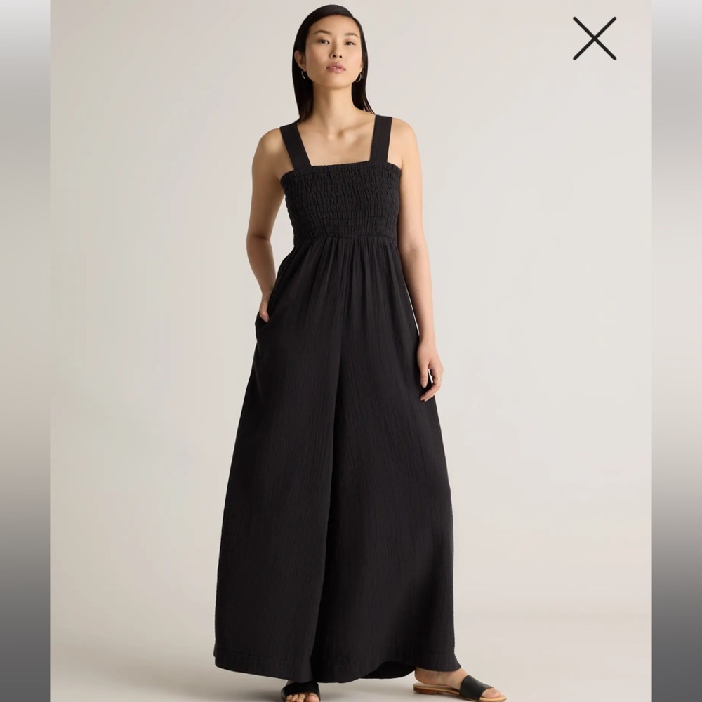 Quince Womens Cotton Gauze Smocked Wide Leg Jumpsuit Black M